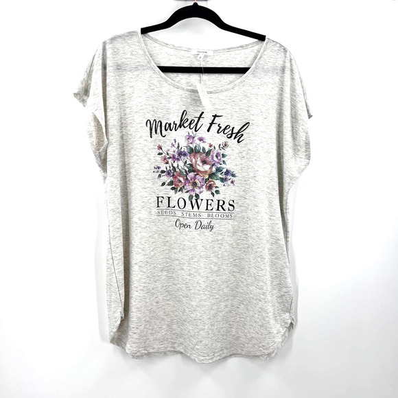 Maurices Market Fresh Flowers Heathered Gray Loose Fit Short Sleeve T Large NWT - Picture 1 of 7